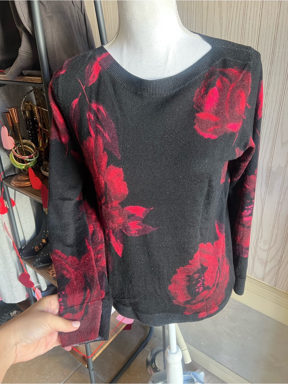 Talbots Merino Wool Black Sweater with Red Floral Print - Crew Neck - Picture 2 of 7